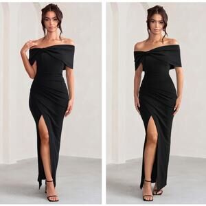 CLUB L LONDON Eva Bardot Bow Maxi Dress Thigh Split Sz 10 NWT $140 {RR29}